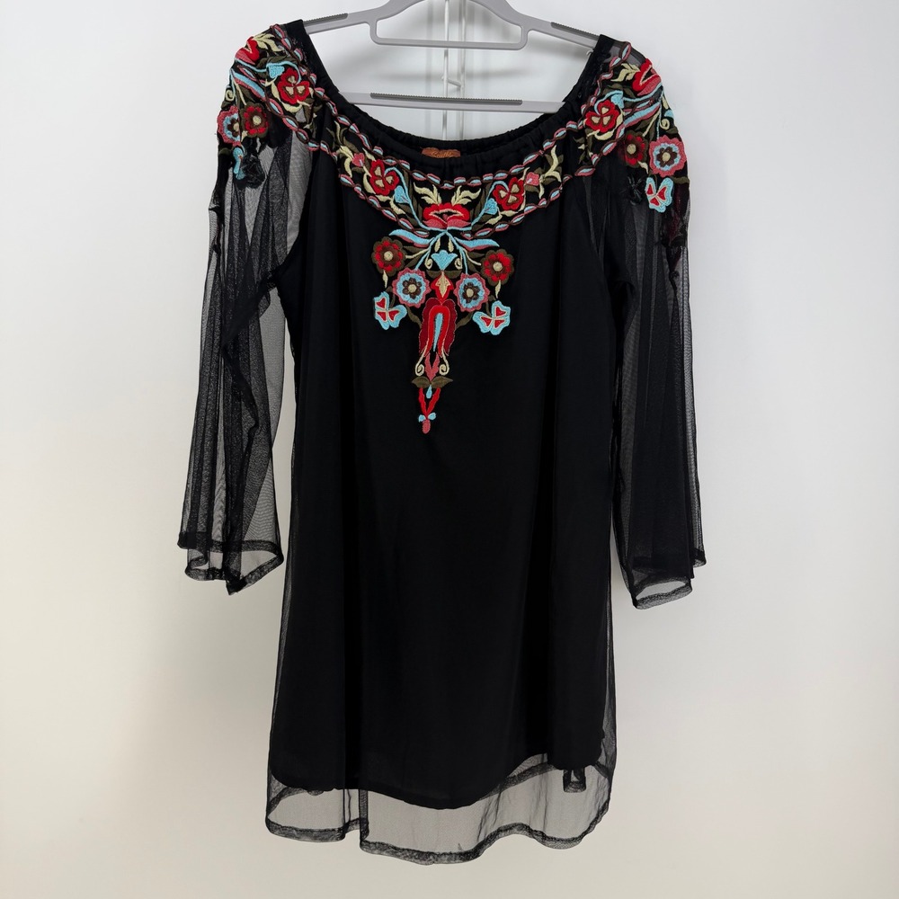 Scully Tunic Top Womens XL Black Embroidered Mesh Bell Sleeve Boho Western Gypsy